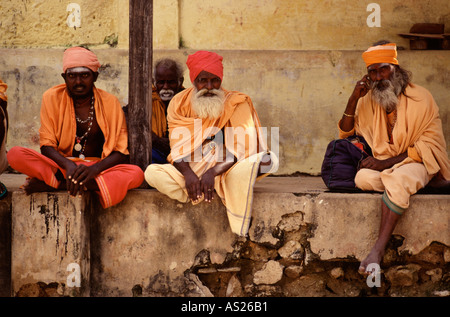 Hindu sadhus wearing traditional garment in the town of  Rameswaram in Tamil Nadu state South India Stock Photo