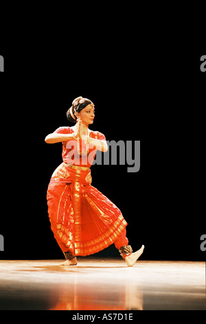 Indian Classical Dancer Malavika Sarrukkai performing a solo Bharat Natyam Dance showing emotion of bhakti devotion India Stock Photo