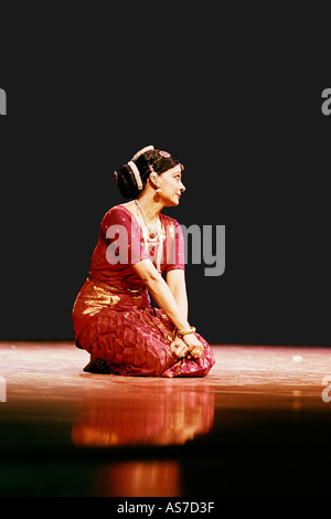 Indian Classical Dancer Malavika Sarrukkai performing a solo Bharat Natyam Dance showing emotion of fear India Stock Photo