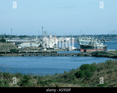 Kilindini harbour with cranes and Customs House ships and cranes Mombasa Kenya East Africa Stock Photo
