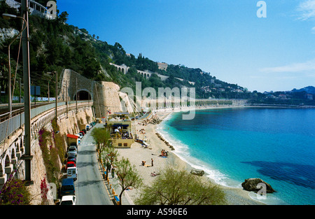 Villefranche sur mer - The view along the coastline from the railway station near Nice on the Cote d Azur , France Stock Photo