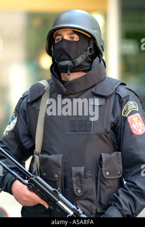 Bosnian Serb Special Forces Police Officer During a Raid Against Organised Crime Stock Photo