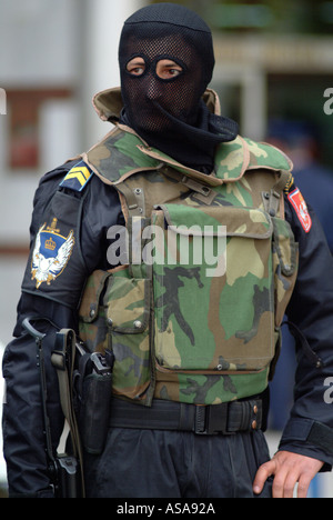 Bosnian Serb Special Forces Police Officer on the Streets During Raid Against Organised Crime Stock Photo