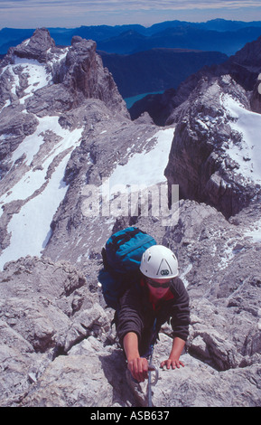 Climber on the via ferrata Sentiero Benini, Brenta Dolomites, Italian Alps, Italy Stock Photo