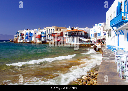 Little Venice area with restaurants and shops overlooking the Aegean Sea in Hora on the Greek Island of Mykonos Greece Stock Photo