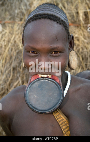 Woman of the Mursi Tribe with Lip Plate, Omo River Valley, Ethiopia Stock Photo