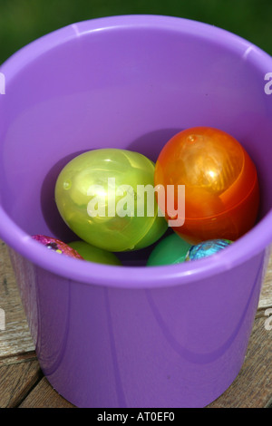 Easter eggs collected in bucket Stock Photo