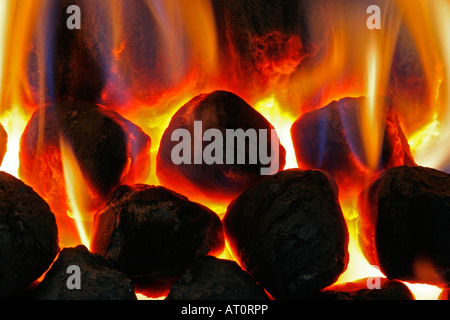 Flames on coal effect gas fire Stock Photo