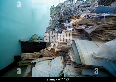 Piles of court files, paperwork, in an archive in Sri Lanka. Stock Photo