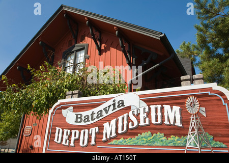 ILLINOIS Batavia Sign for Depot museum outside building railroad and war relics on display Stock Photo