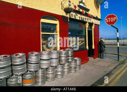 A common display of beer kegs outside a bar in Wexford, Ireland. Stock Photo