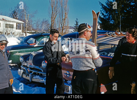 Skiing 1950s style, Gray Rocks, Mount Tremblant, Quebec, Canada, 1955 Stock Photo