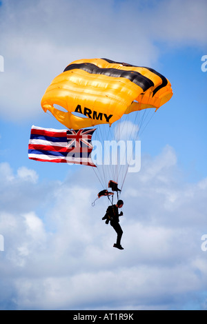 A member of the U.S. Army Golden Knights Parachute team performs a  demonstration prior to the San Francisco 49'ers Salute to Service game Nov.  13, 2022, at Levi's Stadium, Santa Clara, California.