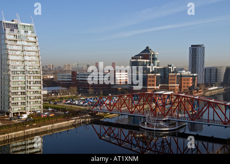 Salford Quays Manchester. Includes NV Building, Huron and Erie Basin and Detroit Bridge. Stock Photo