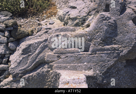 Engraving of lion in Thera Minoan art Santorini island Thira Island Greek Islands Greece Stock Photo