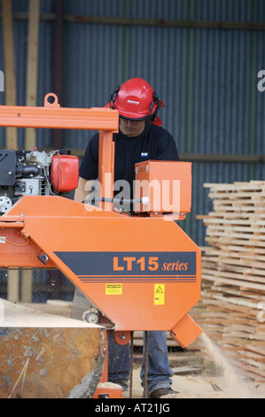 Sawmiller milling a log using a Wood Mizer LT15 Sawmill Stock Photo
