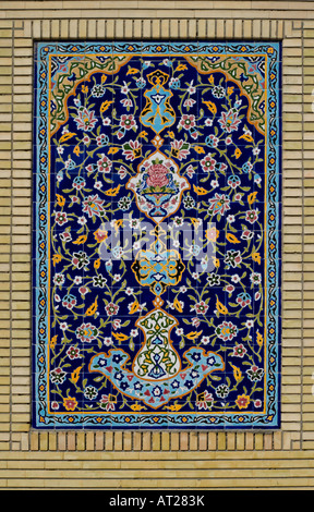Full panel of a Persian tile installation on exterior wall of the Iranian Mosque in Jumeirah Beach Dubai Stock Photo
