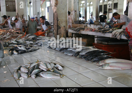 Fish for sale in the wet market off the Main Bazaar in Kuching, Sarawak, Borneo, Malaysia Stock Photo