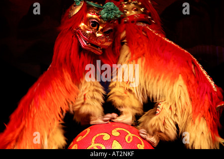 Traditional Chinese dragon dancers perform for the Acrobatic Circus at The Heaven and Earth Theatre, Beijing, China Stock Photo