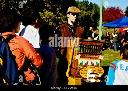 Organ grinder at the fall apple festival at the UBC botanical gardens in Vancouver, British Columbia, Canada Stock Photo