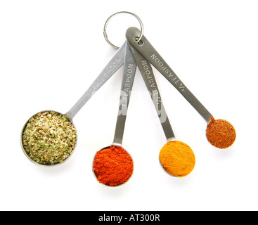 Assorted spices in measuring spoons on white background Stock Photo