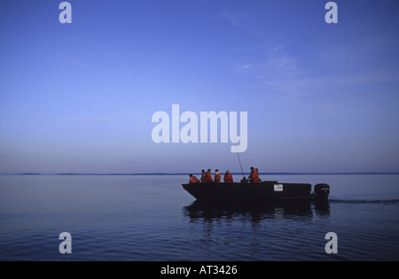Canada Quebec Tadoussac Boat Of Tourist Going For A Whale Watching Tour On The Saint Lawrence River At Dusk Stock Photo