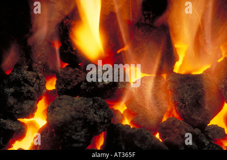 Close up detail of burning coal  in a domestic or industrial environment Stock Photo