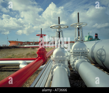Tanker in dock loading or discharging crude petroleum oil at Curacao Oil Terminal,  Netherlands Antilles Stock Photo