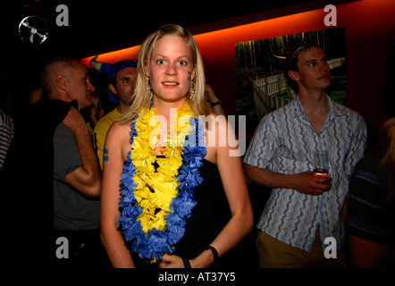 Swedish fan taking half-time refreshment during Sweden vs Trinidad & Tobago, World Cup 2006,  Nordic Bar, London Stock Photo