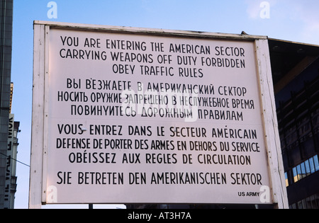 American Sector entry sign Checkpoint Charlie Friedrichstrasse Berlin Germany Stock Photo