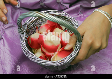 Bridemaid in a purple dress holding a bowl of petals to use as confetti Stock Photo