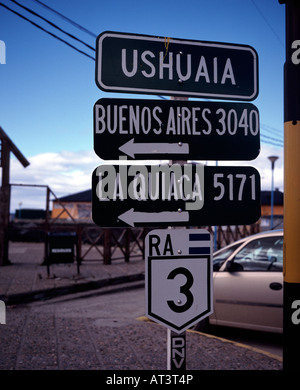 Ushuaia the southernmost city in the world, signpost, Tierra del Fuego Argentina Stock Photo
