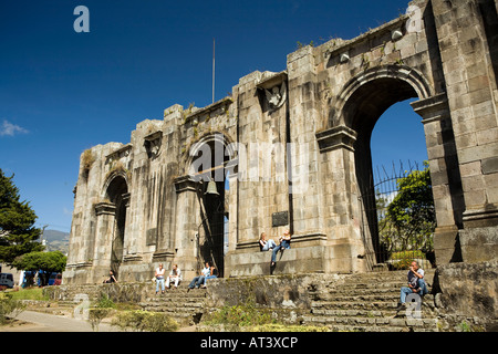 Costa Rica Cartago people on steps of colonial ruins of Parroquia Church destroyed 1910 earthquake Stock Photo