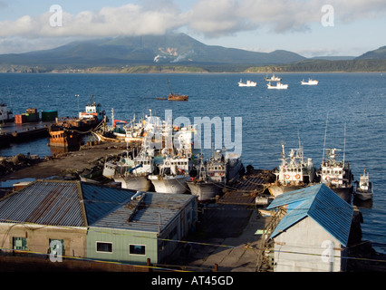 Harbour at Yuzhno Kurilsk on Kunashir Island in Kuril Island chain Russian Far East 2006 Stock Photo