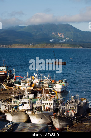 Fishing boats in harbour at Yuzhno Kurilsk on Kunashir Island in Kuril Islands in Russian Far East Stock Photo