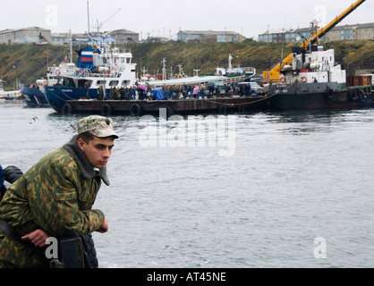 Harbour in Yuzhno Kurilsk on Kunashir Island in Kuril Island chain in Russian Far East Stock Photo