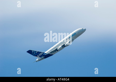 The Airbus A380-800 flying for the first time   at the 2006 Farnborough International Airshow, United Kingdom. Stock Photo