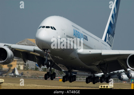 The Airbus A380-800 flying for the first time at the 2006 Farnborough International Air show, United Kingdom. Stock Photo