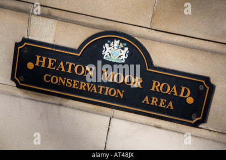 Heaton Moor Road conservation area sign. Heaton Moor, Stockport, Greater Manchester, United Kingdom. Stock Photo