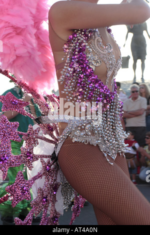 Young dancer swirls her jeweled costume in the Carnaval parade Los Gigantes Tenerife Canary Islands Spain Stock Photo