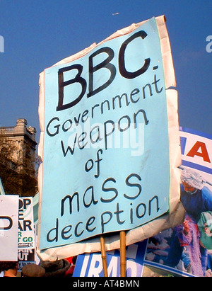 BBC bias banner at anti Iraq war demo in London Stock Photo