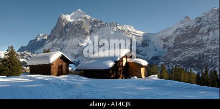 Alpine pastures and chalets covered in winter  with the Wetterhorn mountain behind near to Bort, Grindelwald, Switzerland Stock Photo