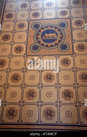 Mosaic flooring of Minton tiles, of the booking hall inside the Dunedin Railway Station, Dunedin, South Island, New Zealand Stock Photo