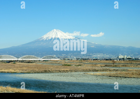 Mount Fuji seen from Shinkansen train, Shizuoka Stock Photo