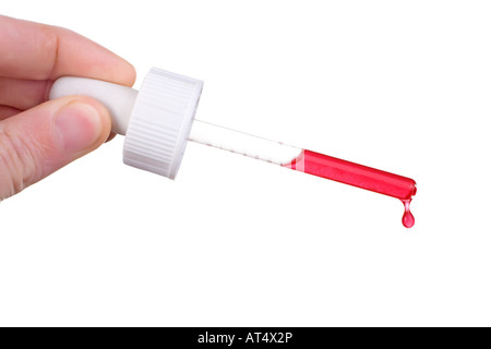 male hand holding dropper with red liquid or blood dripping isolated on white Stock Photo