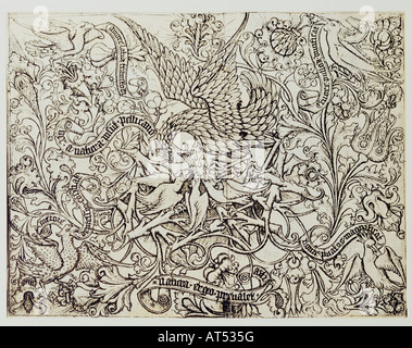 fine arts, Middle Ages, copper engraving, ornament sheet, by the 'Master of the Berlin Passion' (active circa 1457 - 1466), Holland, 12.2 cm x 16 cm, Dresden State Art Collections, Artist's Copyright has not to be cleared Stock Photo