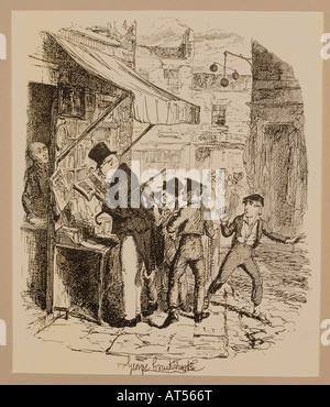 fine arts, Cruikshank, George (1792 - 1878), graphic, etching, 'The Artful Dodger Teaches Oliver Twist to Pickpocket from the Rich', illustration for 'Oliver Twist', by Charles Dickens (1812-1870), Great Britain, 1839, private collection, Artist's Copyright has not to be cleared Stock Photo
