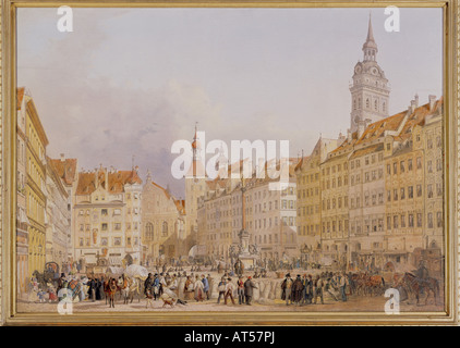 fine arts, Adam, Albrecht (1786 - 1862), painting, Marienplatz in Munich, oil on canvas, 1839, Stadtmuseum, Munich, , Artist's Copyright has not to be cleared Stock Photo