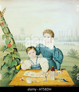 fine arts, Realism, painting, two children playing at a table,  unknown artist, circa 1835, watercolour over pencil, Stadtmuseum, Munich, , Artist's Copyright has not to be cleared Stock Photo