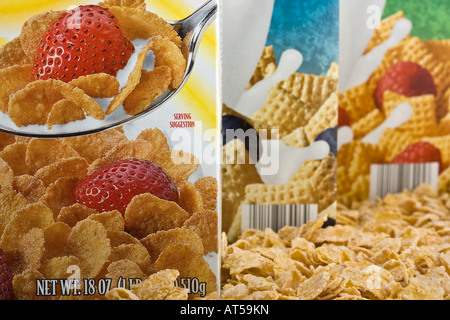 Boxes of cereal breakfast for kids front view overhead from above close up background pictures images horizontal in USA US hi-res Stock Photo